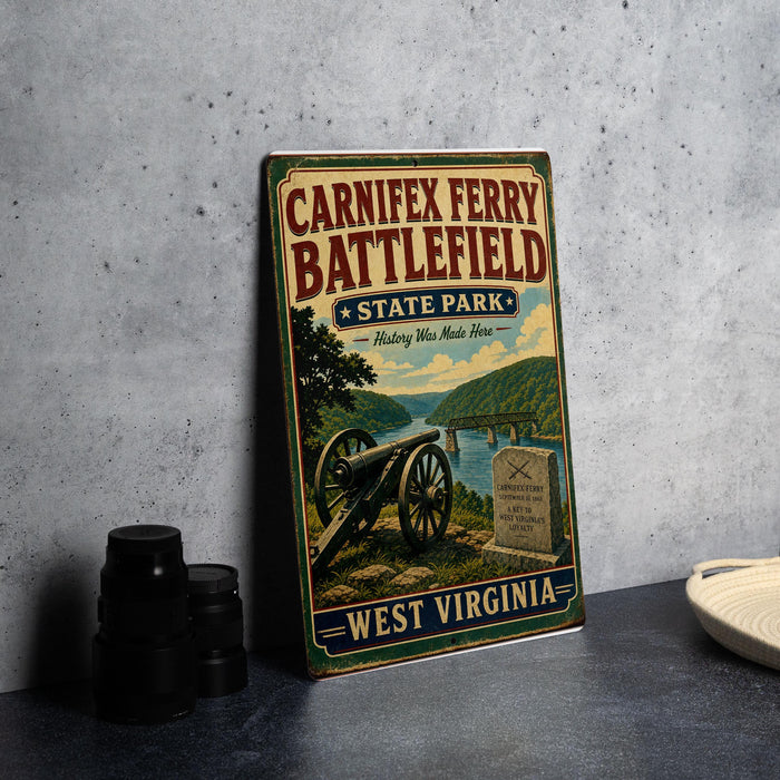 A vintage metal sign for Carnifex Ferry Battlefield, featuring a cannon and a scenic landscape, is displayed on a gray wall next to some black camera lenses.