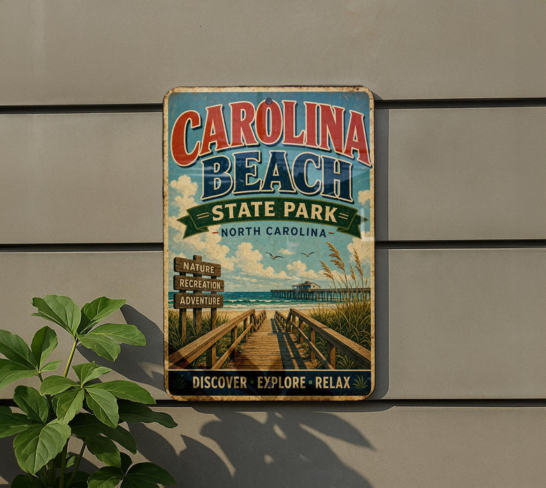 A vintage-style metal sign for Carolina Beach State Park, featuring a beach scene with a pier and a sign that says "Discover, Explore, Relax".
