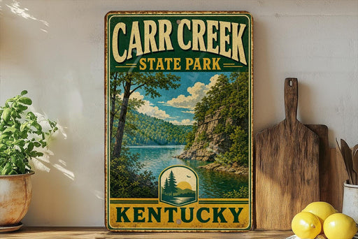 A vintage-style sign for Carr Creek State Park in Kentucky, featuring a scenic landscape with a lake and mountains.