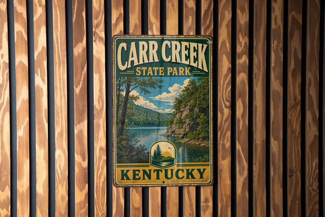 A vintage metal sign for Carr Creek State Park in Kentucky, featuring a scenic landscape with a lake and mountains.