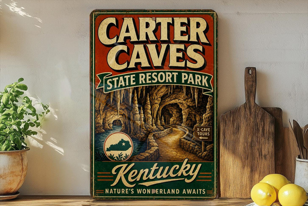 A vintage-style sign for Carter Caves State Resort Park in Kentucky, featuring an illustration of a cave with a path leading through it.