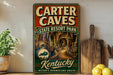 A vintage-style sign for Carter Caves State Resort Park in Kentucky, featuring an illustration of a cave with a path leading through it.