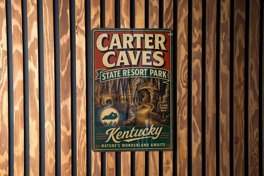 A vintage-style metal sign for Carter Caves State Resort Park in Kentucky, featuring a cave illustration and the text "Kentucky Nature's Wonderland Awaits".