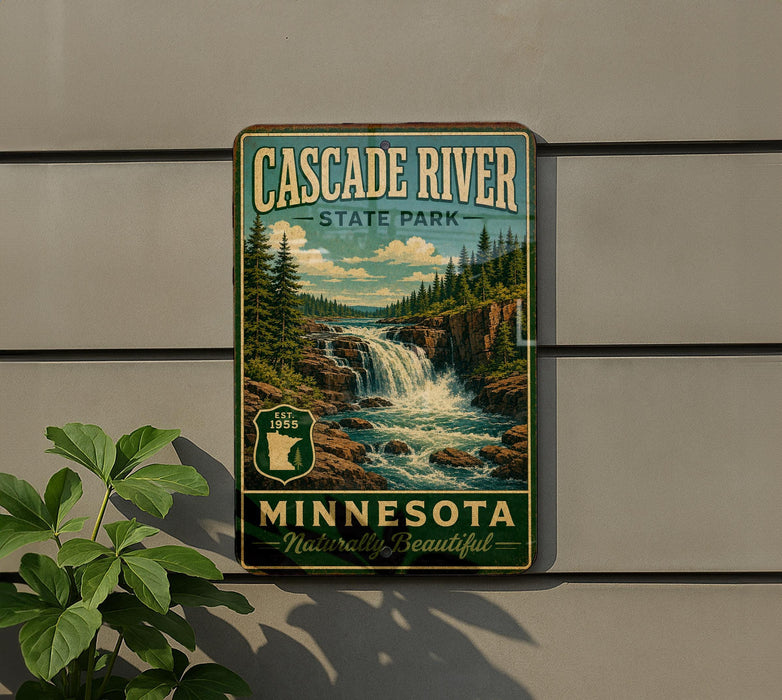 A vintage-style metal sign for Cascade River State Park in Minnesota, featuring a scenic illustration of the waterfall and forest landscape.