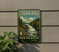 A vintage-style metal sign for Cascade River State Park in Minnesota, featuring a scenic illustration of the waterfall and forest landscape.
