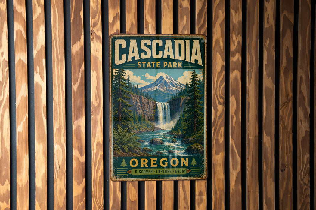 A vintage metal sign for Cascadia State Park in Oregon, featuring a waterfall and forest landscape.