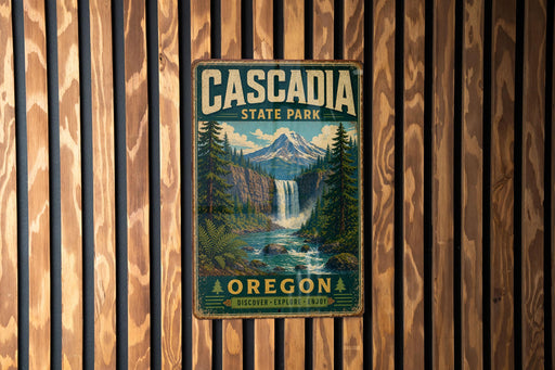 A vintage metal sign for Cascadia State Park in Oregon, featuring a waterfall and forest landscape.