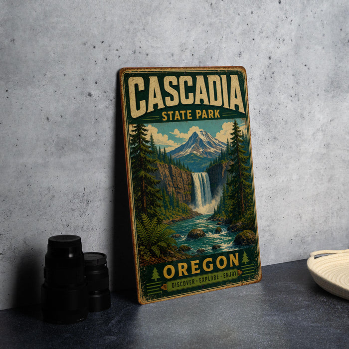 A vintage-style metal sign for Cascadia State Park in Oregon, featuring a waterfall and forest landscape, is displayed on a gray concrete surface.