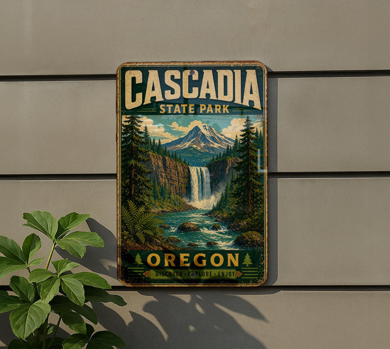 A vintage-style metal sign for Cascadia State Park in Oregon, featuring a scenic mountain landscape with a waterfall.