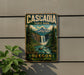 A vintage-style metal sign for Cascadia State Park in Oregon, featuring a scenic mountain landscape with a waterfall.