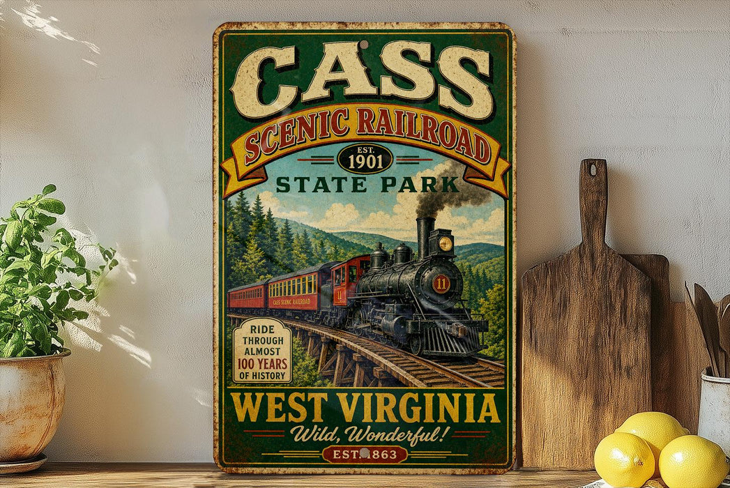 A vintage-style metal sign for Cass Scenic Railroad, featuring a train on a track through a forested mountain landscape.