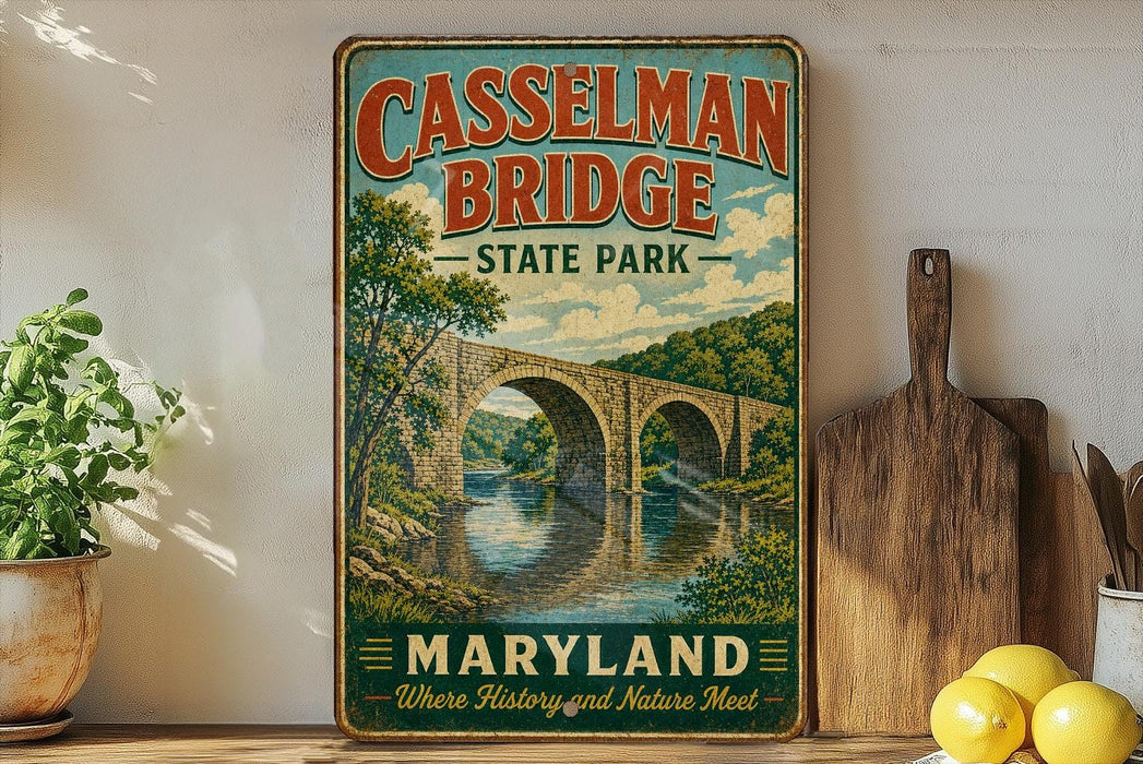 A vintage-style metal sign for Casselman Bridge State Park in Maryland, featuring a scenic illustration of the bridge over a river.