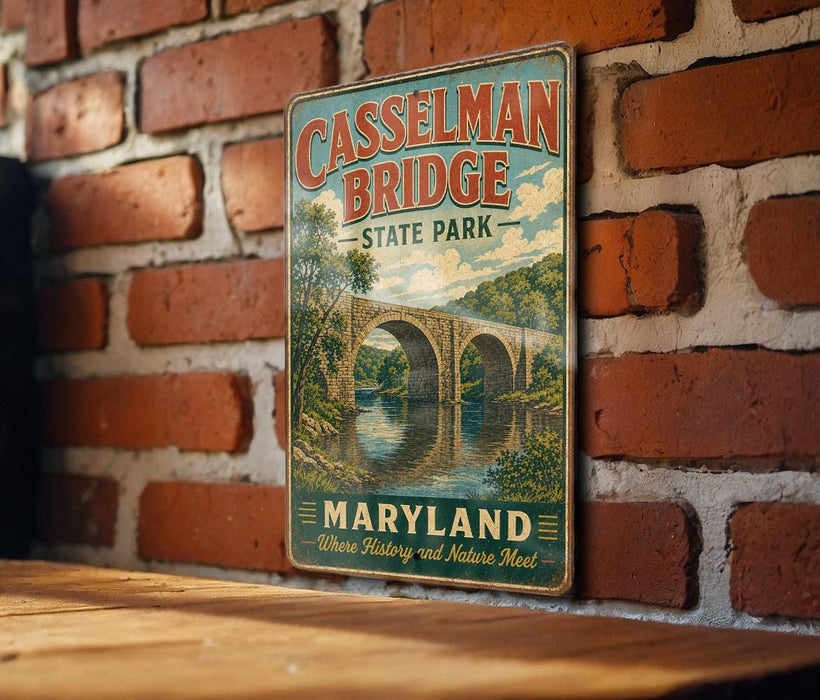 A vintage metal sign for Casselman Bridge State Park in Maryland, featuring a scenic illustration of the bridge over a river.