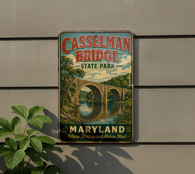 A vintage metal sign for Casselman Bridge State Park in Maryland, featuring a scenic illustration of the bridge over a river.
