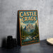 A vintage-style sign for Castle Crags State Park in California, featuring a mountain landscape and a river.