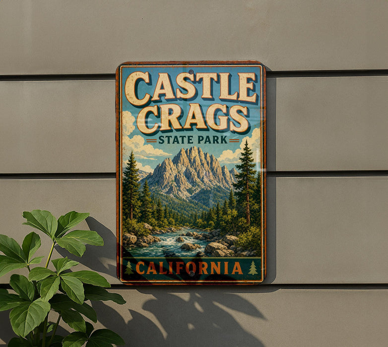 A vintage-style metal sign for Castle Crags State Park in California, featuring a mountain landscape and a river.