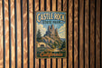 A vintage-style metal sign for Castle Rock State Park in California, featuring a mountain landscape and the text "Castle Rock State Park" prominently displayed.