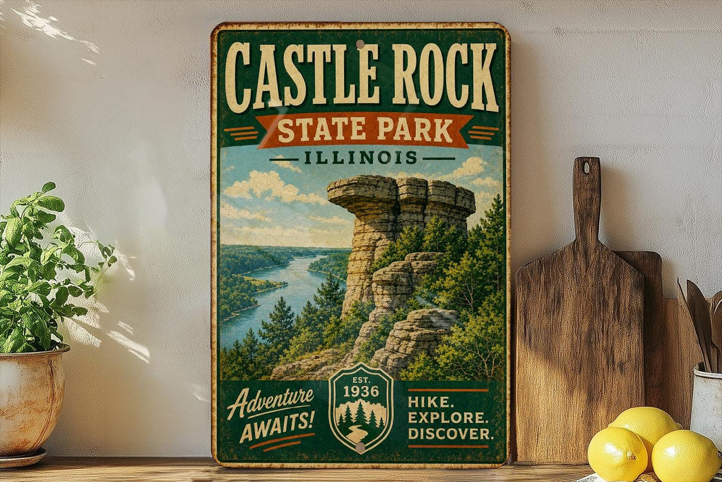A vintage-style sign for Castle Rock State Park in Illinois, featuring a scenic landscape with a rock formation and a river.