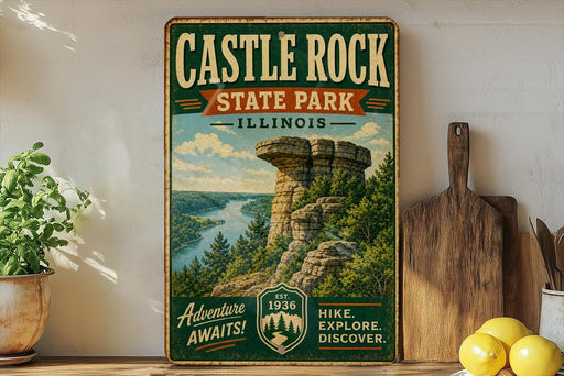 A vintage-style sign for Castle Rock State Park in Illinois, featuring a scenic landscape with a rock formation and a river.
