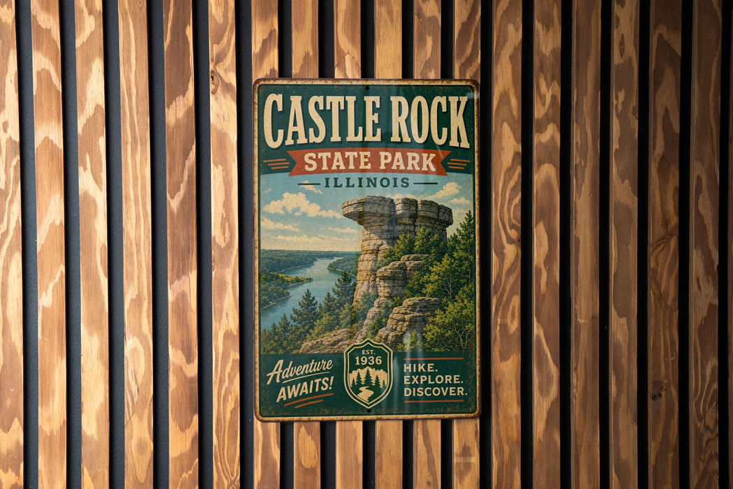 A vintage-style metal sign for Castle Rock State Park in Illinois, featuring a scenic illustration of a rock formation and a river.