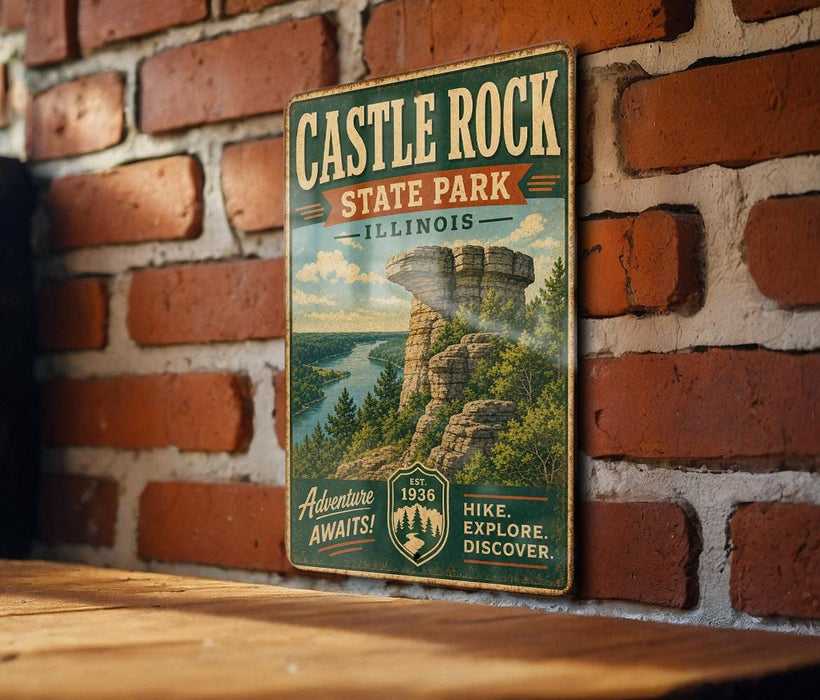 A vintage-style metal sign for Castle Rock State Park in Illinois, featuring a scenic illustration of the park's landscape.