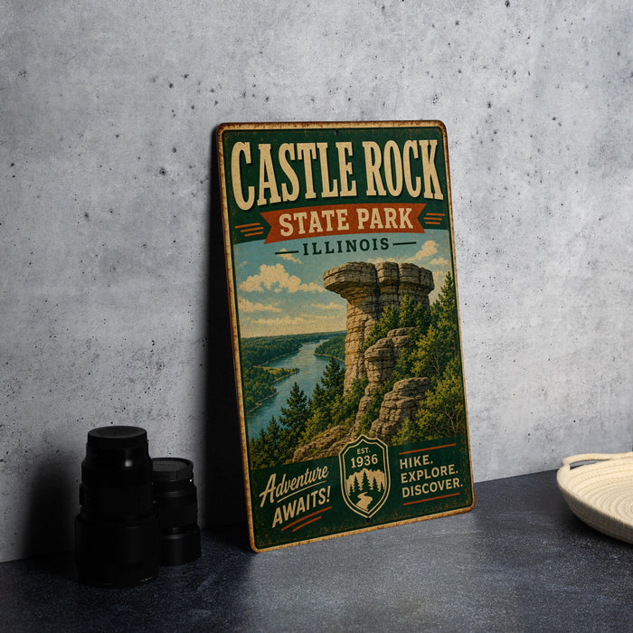 A vintage-style metal sign for Castle Rock State Park in Illinois, featuring a scenic illustration of a rock formation and a river.