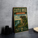 A vintage-style metal sign for Castle Rock State Park in Illinois, featuring a scenic illustration of a rock formation and a river.