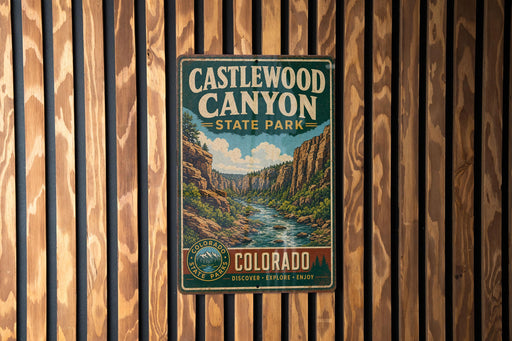 A vintage metal sign for Castlewood Canyon State Park in Colorado, featuring a scenic illustration of the canyon landscape.