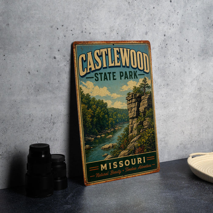 A vintage-style sign for Castlewood State Park in Missouri, featuring a scenic landscape with a river and forest.
