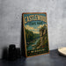 A vintage-style sign for Castlewood State Park in Missouri, featuring a scenic landscape with a river and forest.