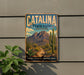 A vintage-style metal sign for Catalina State Park in Arizona, featuring a desert landscape with mountains, cacti, and a path leading to the park.