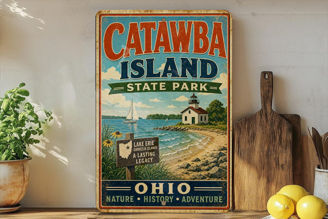 A vintage-style sign for Catawba Island State Park in Ohio, featuring a scenic illustration of a lighthouse, a boat, and a beach.