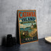 A vintage metal sign for Catawba Island State Park in Ohio, featuring a scenic illustration of the lake and surrounding landscape.