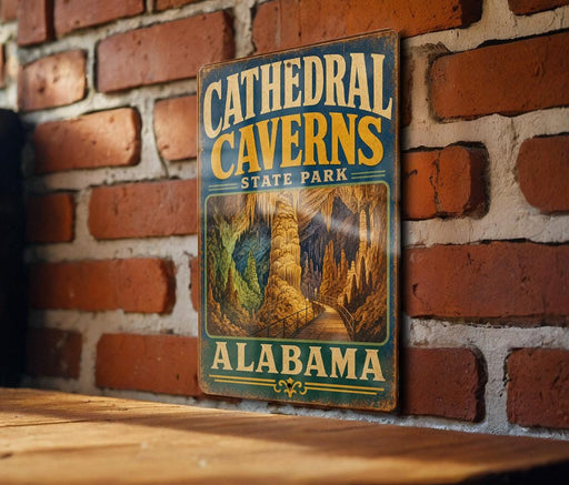 A vintage metal sign for Cathedral Caves State Park in Alabama is displayed on a brick wall.