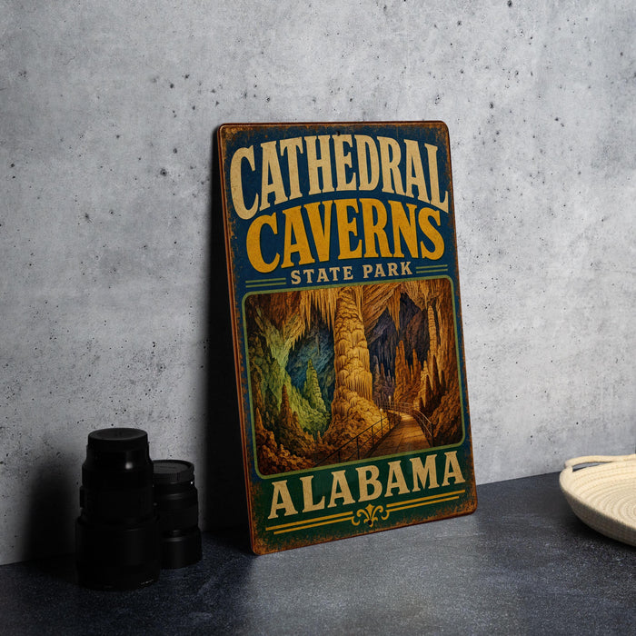 A vintage metal sign for Cathedral Caves State Park in Alabama, featuring an illustration of the cave system.