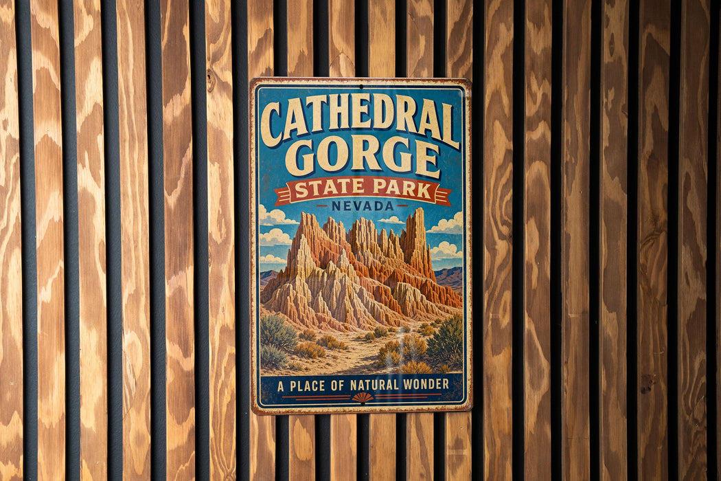 A vintage metal sign for Cathedral Gorge State Park in Nevada, featuring a scenic illustration of the canyon landscape.