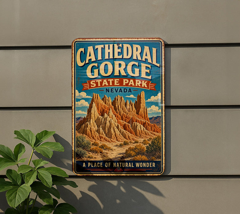 A vintage-style metal sign for Cathedral Gorge State Park in Nevada, featuring a scenic illustration of the canyon landscape.