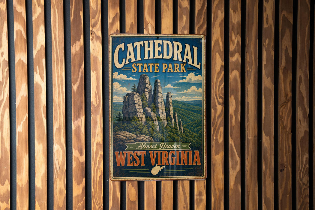 A vintage-style metal sign for Cathedral State Park in West Virginia, featuring a scenic illustration of the park's rock formations and mountains.