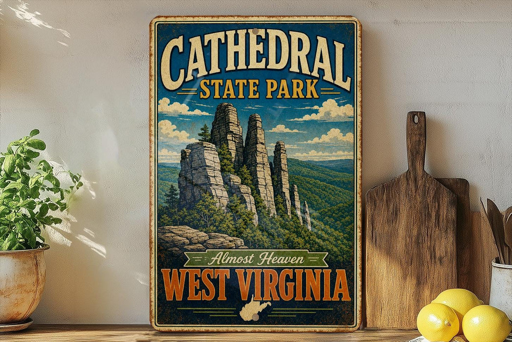 A vintage-style sign for Cathedral State Park in West Virginia, featuring a scenic illustration of the park's rock formations and mountains.