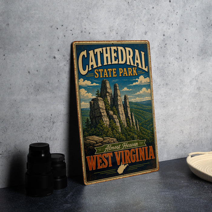 A vintage-style metal sign for Cathedral State Park in West Virginia, featuring an illustration of the park's iconic rock formations.