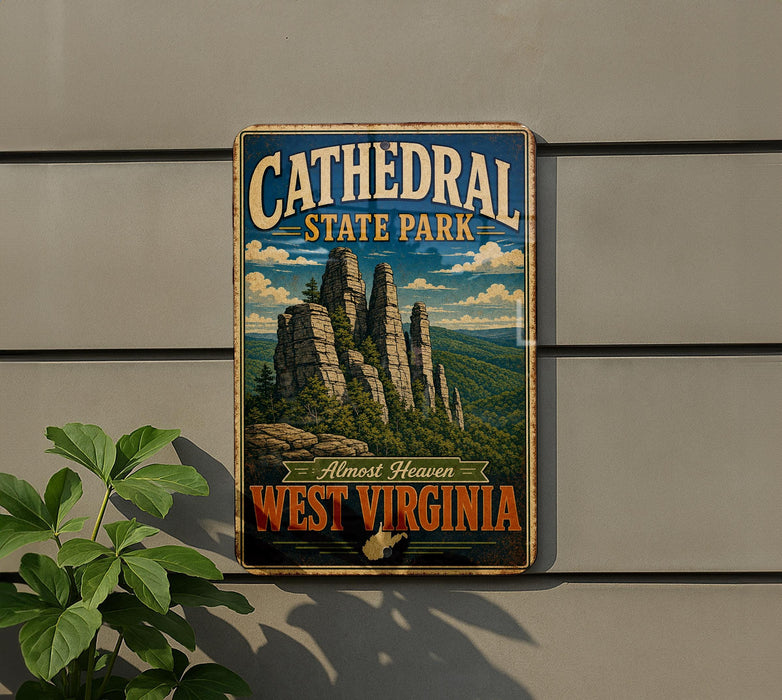 A vintage-style sign for Cathedral State Park in West Virginia, featuring a scenic illustration of the park's rock formations.