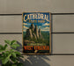 A vintage-style sign for Cathedral State Park in West Virginia, featuring a scenic illustration of the park's rock formations.