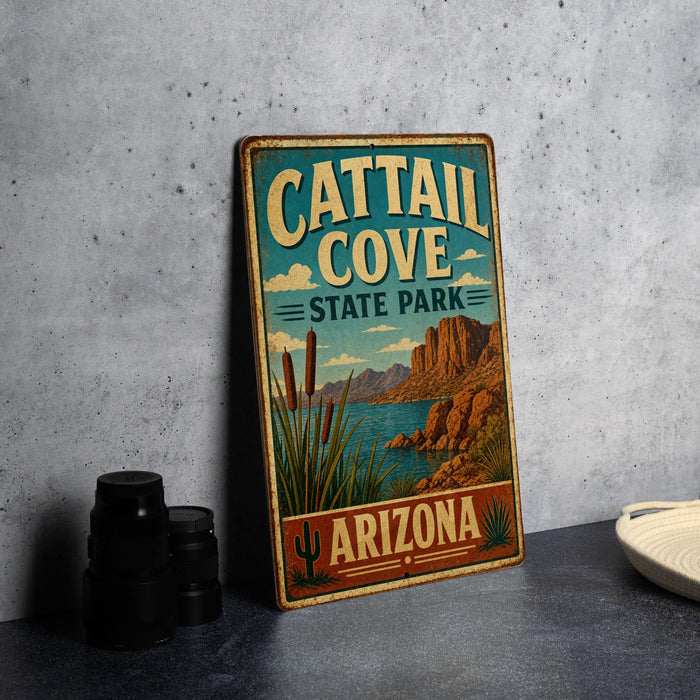 A vintage-style metal sign for Catail Cove State Park in Arizona, featuring a desert landscape with mountains and a cactus in the foreground.