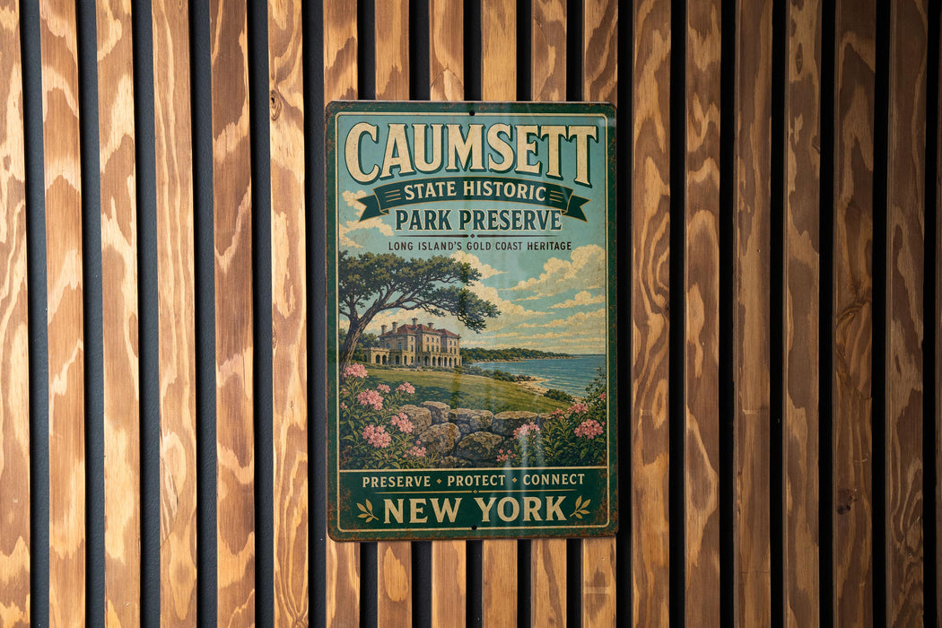 a vintage-style metal sign with a scenic landscape and text promoting Caumsett State Historic Park Preserve.