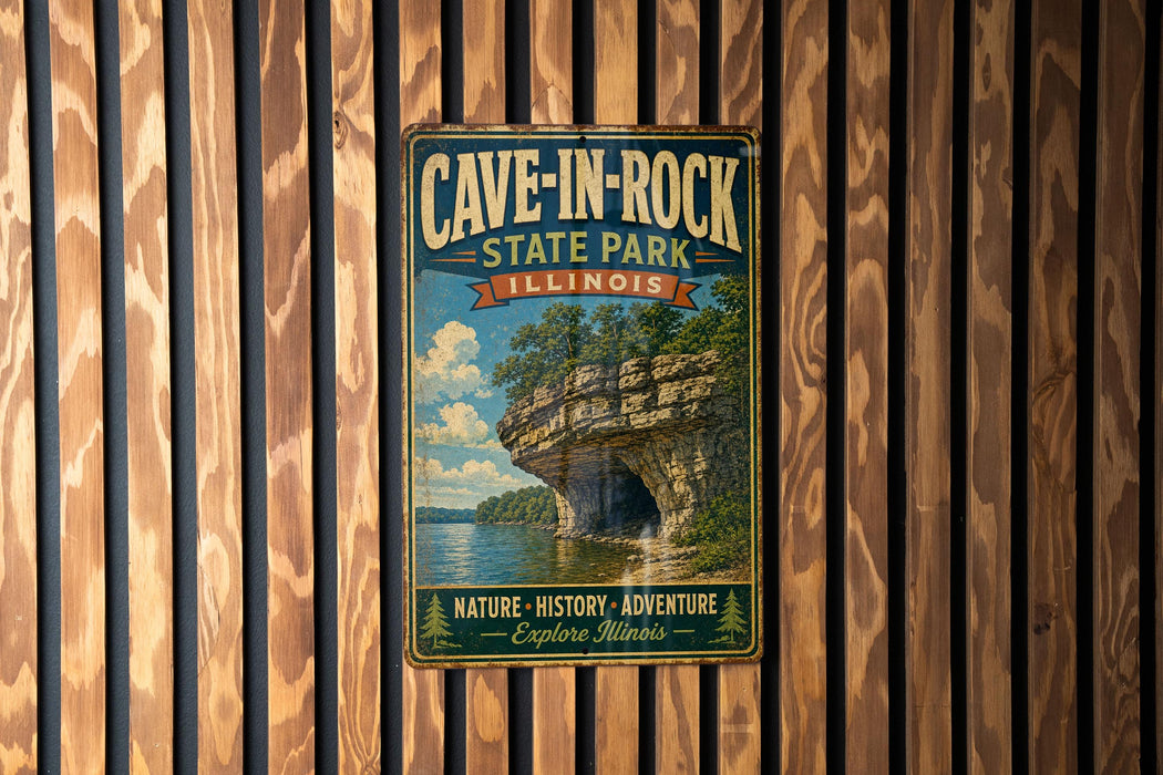 A vintage-style metal sign for Cave-in-Rock State Park in Illinois, featuring a scenic image of a rocky cliff with a lake below.