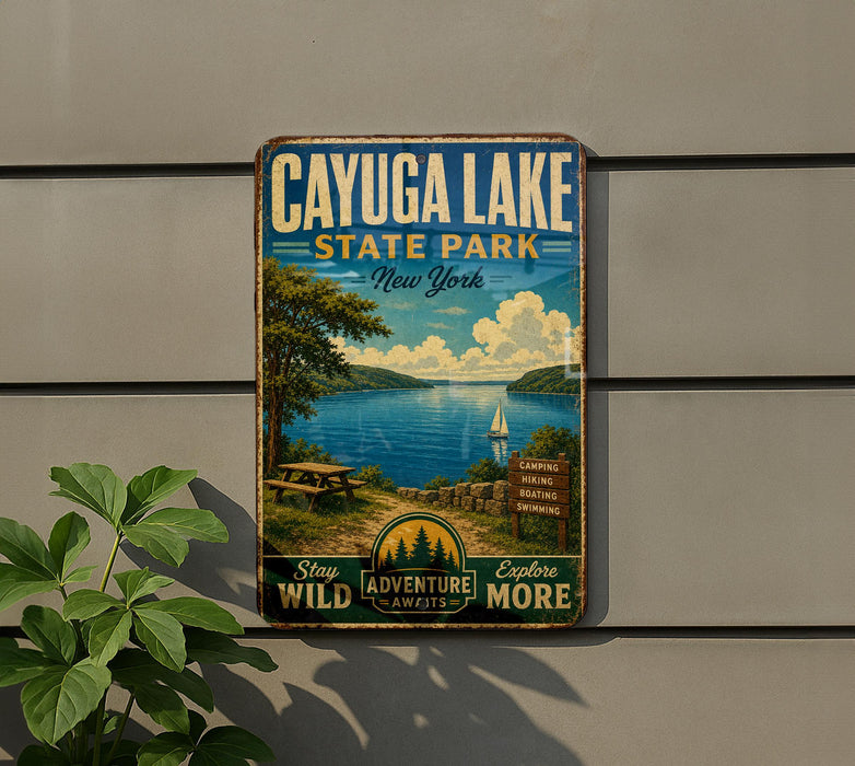 A vintage metal sign advertising Cayuga Lake State Park in New York, featuring a scenic image of the lake and surrounding landscape.