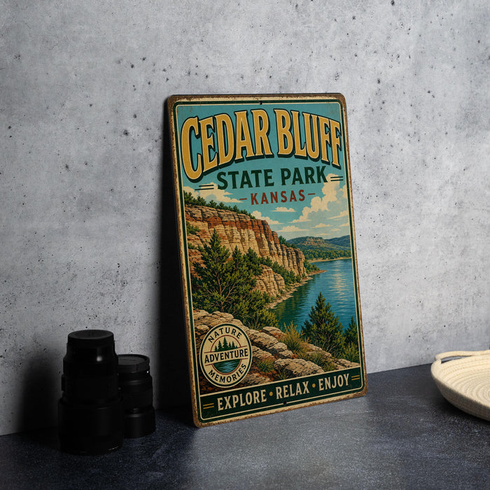 A vintage-style sign for Cedar Bluff State Park in Kansas, featuring a scenic landscape with a lake and mountains.