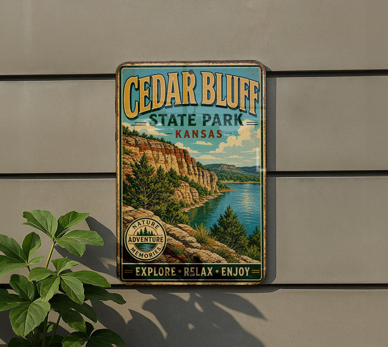 A vintage-style metal sign for Cedar Bluff State Park in Kansas, featuring a scenic landscape with a lake and mountains.