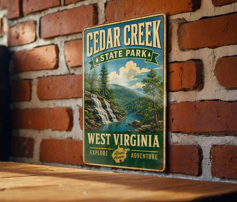 A vintage-style metal sign for Cedar Creek State Park in West Virginia, featuring a scenic illustration of a waterfall and forest.