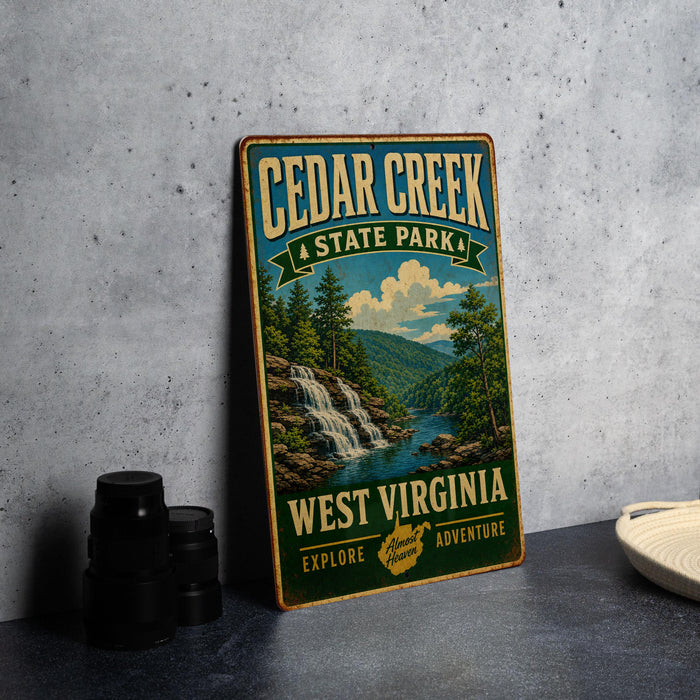 A vintage-style sign for Cedar Creek State Park in West Virginia, featuring a scenic illustration of a waterfall and forest.